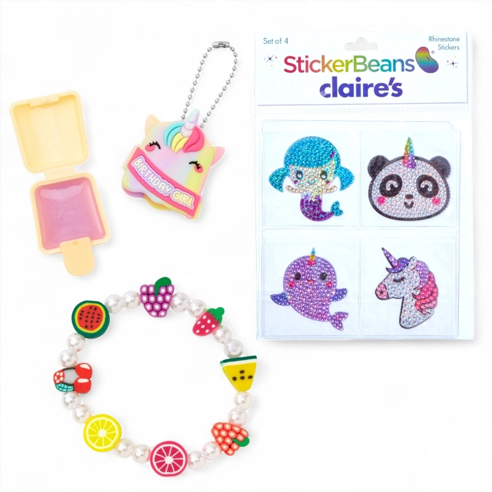Claire’s StickerBeans Stickers, Pucker Pops Lip Gloss & Bracelet Bundle